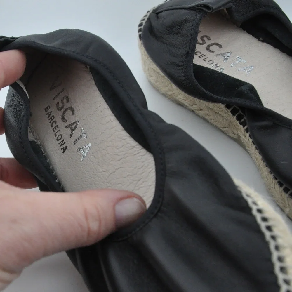 Viscata Barcelona‎ Leather Espadrille Wedge 38 Black Excellent Made in Spain